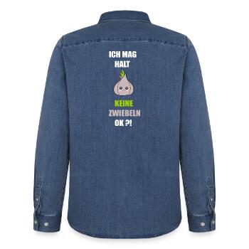 Ich mag keine Zwiebeln - Männer Jeanshemd Organic von Stanley/Stella - verwaschenes Mittelblau  - Hinten - AI Model Male 185 light (185cm)