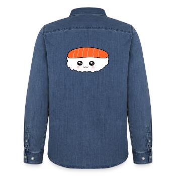 Kawaii,Nigiri,Salmon,Fish, Rice, Japan Cuisine - Men’s Organic Denim Shirt by Stanley/Stella - mid washy  - Back - AI Model Male 185 light (185cm)