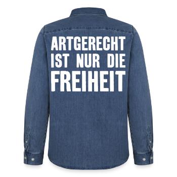 ARTGERECHT IST NUR DIE FREIHEIT - Männer Jeanshemd Organic von Stanley/Stella - verwaschenes Mittelblau  - Hinten - AI Model Male 185 light (185cm)