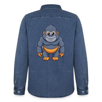 Gorille mignon mascotte personnage de dessin animé Kawaii - Chemise en denim homme bio Stanley/Stella - bleu moyen délavé  - Dos - AI Model Male 185 light (185cm)