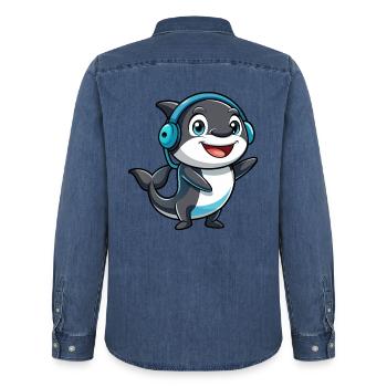 Orca Funny Cartoon Character Musique de casque - Chemise en denim homme bio Stanley/Stella - bleu moyen délavé  - Dos - AI Model Male 185 light (185cm)