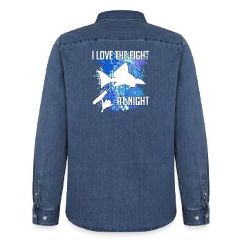 Waller catfish silhouette fishing rod and splashes of colour - Men’s Organic Denim Shirt by Stanley/Stella - mid washy  - Back - AI Model Male 185 light (185cm)