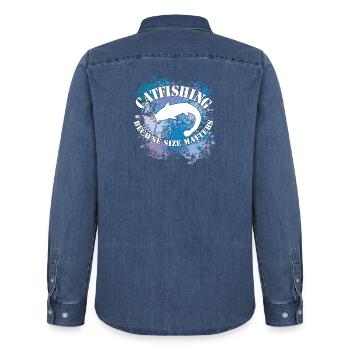 Wels Waller fish catfish on blobs of colour - Men’s Organic Denim Shirt by Stanley/Stella - mid washy  - Back - AI Model Male 185 light (185cm)