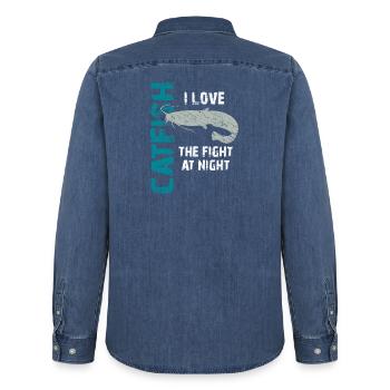 Catfish Fishing Sport Fishing Strong Fish - Men’s Organic Denim Shirt by Stanley/Stella - mid washy  - Back - AI Model Male 185 light (185cm)