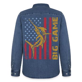 Jumping Marlin with US flag Deep Sea Fishing - Men’s Organic Denim Shirt by Stanley/Stella - mid washy  - Back - AI Model Male 185 light (185cm)