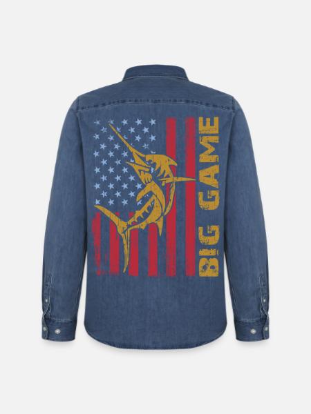 Springender Marlin mit US Flagge Hochseefischen - Männer Jeanshemd Organic von Stanley/Stella - verwaschenes Mittelblau