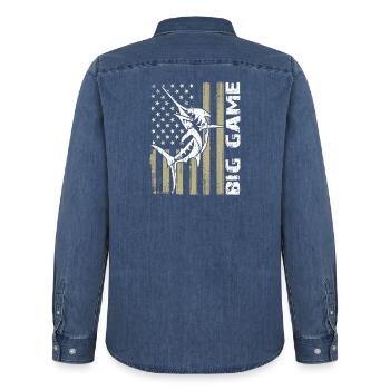 Jumping Marlin with US flag Deep Sea Fishing - Men’s Organic Denim Shirt by Stanley/Stella - mid washy  - Back - AI Model Male 185 light (185cm)