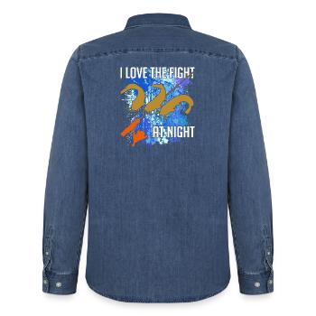 Waller catfish silhouette fishing rod and splashes of colour - Men’s Organic Denim Shirt by Stanley/Stella - mid washy  - Back - AI Model Male 185 light (185cm)