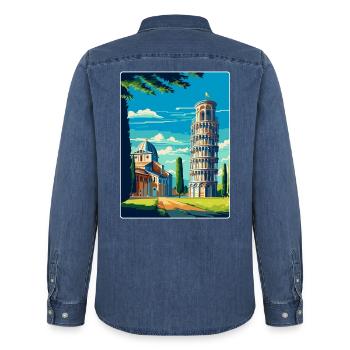 Pise Italie Affiche de voyage vintage Souvenir souvenir - Chemise en denim homme bio Stanley/Stella - bleu moyen délavé  - Dos - AI Model Male 185 light (185cm)