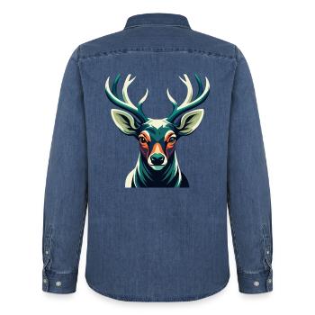 Cerf Dessin Animé Personnage Animal De Compagnie Coloré - Chemise en denim homme bio Stanley/Stella - bleu moyen délavé  - Dos - AI Model Male 185 light (185cm)