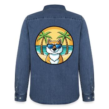 Lunettes de soleil de dessin animé de race de chien du Groenland plage - Chemise en denim homme bio Stanley/Stella - bleu moyen délavé  - Dos - AI Model Male 185 light (185cm)