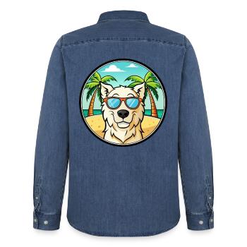 Ungarischer Kuvasz Hund Rasse Cartoon Sonnenbrille Strand - Männer Jeanshemd Organic von Stanley/Stella - verwaschenes Mittelblau  - Hinten - AI Model Male 185 light (185cm)