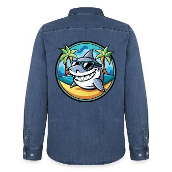 Hai Lustige Cartoon Sommer Strand Sonnenbrille Cool - Männer Jeanshemd Organic von Stanley/Stella - verwaschenes Mittelblau  - Hinten - AI Model Male 185 light (185cm)