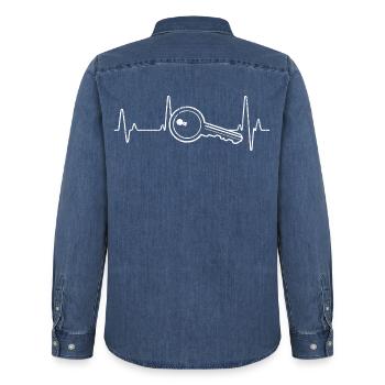 Key ECG Heartbeat Locksmith Gift - Men’s Organic Denim Shirt by Stanley/Stella - mid washy  - Back - AI Model Male 185 light (185cm)