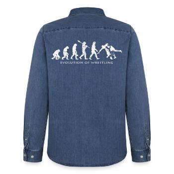 Wrestling Evolution Silhouette Wrestler Gift - Men’s Organic Denim Shirt by Stanley/Stella - mid washy  - Back - AI Model Male 185 light (185cm)