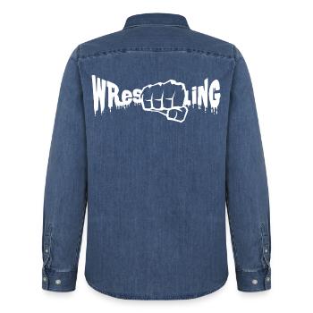 Wrestling - Men’s Organic Denim Shirt by Stanley/Stella - mid washy  - Back - AI Model Male 185 light (185cm)