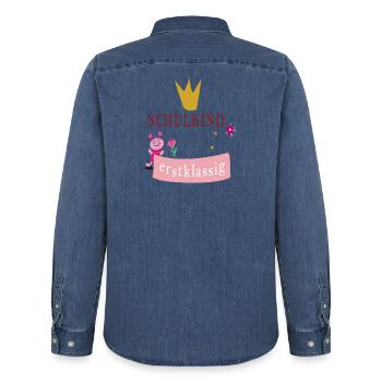 Schulkind erstklassig - Männer Jeanshemd Organic von Stanley/Stella - verwaschenes Mittelblau  - Hinten - AI Model Male 185 light (185cm)