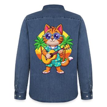 Lustige Katze Cartoon Sommer Strand Sonnenbrille Gitarre - Männer Jeanshemd Organic von Stanley/Stella - verwaschenes Mittelblau  - Hinten - AI Model Male 185 light (185cm)