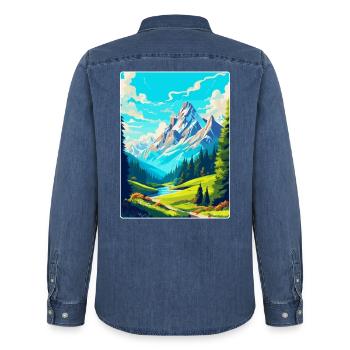 Bayerische Alpen Deutschland Vintage Reiseposter WPA - Männer Jeanshemd Organic von Stanley/Stella - verwaschenes Mittelblau  - Hinten - AI Model Male 185 light (185cm)