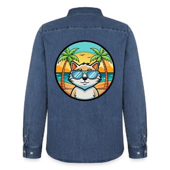 Katze Lustige Cartoon Sommer Strand Sonnenbrille Aufkleber - Männer Jeanshemd Organic von Stanley/Stella - verwaschenes Mittelblau  - Hinten - AI Model Male 185 light (185cm)