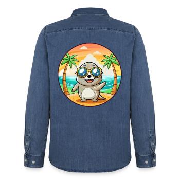 Seal Funny Cartoon Summer Beach Sunglasses - Men’s Organic Denim Shirt by Stanley/Stella - mid washy  - Back - AI Model Male 185 light (185cm)