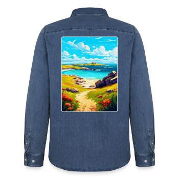 Îles Scilly Uk Affiche de voyage vintage souvenir - Chemise en denim homme bio Stanley/Stella - bleu moyen délavé  - Dos - AI Model Male 185 light (185cm)
