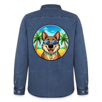 Majorca Shepherd Dog Breed Cartoon Sunglass Beach - Men’s Organic Denim Shirt by Stanley/Stella - mid washy  - Back - AI Model Male 185 light (185cm)