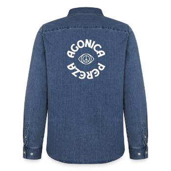 Peace Symbol Eye – AGONICA – Retro Hippie Festival - Männer Jeanshemd Organic von Stanley/Stella - verwaschenes Mittelblau  - Hinten - AI Model Male 185 light (185cm)
