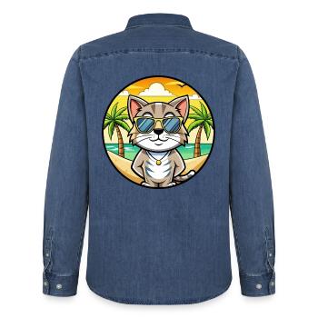 Europäische Kurzhaarkatze Rasse Cartoon Sonnenbrille - Männer Jeanshemd Organic von Stanley/Stella - verwaschenes Mittelblau  - Hinten - AI Model Male 185 light (185cm)