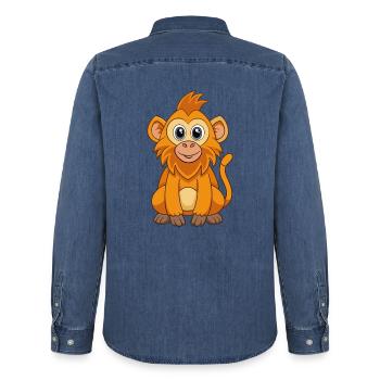 Babouin Mascotte mignonne Personnage de dessin animé Kawaii - Chemise en denim homme bio Stanley/Stella - bleu moyen délavé  - Dos - AI Model Male 185 light (185cm)