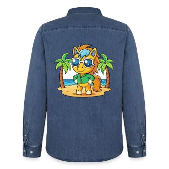 Pony Lustige Cartoon Sommer Strand Sonnenbrille - Männer Jeanshemd Organic von Stanley/Stella - verwaschenes Mittelblau  - Hinten - AI Model Male 185 light (185cm)