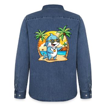 Delphin Lustige Cartoon Sommer Strand Sonnenbrille - Männer Jeanshemd Organic von Stanley/Stella - verwaschenes Mittelblau  - Hinten - AI Model Male 185 light (185cm)