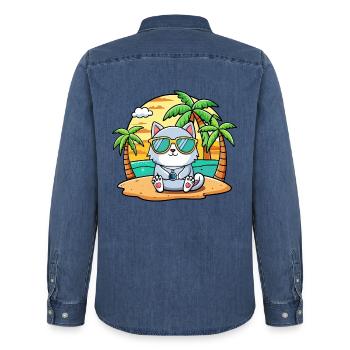 Katze Lustige Cartoon Sommer Strand Sonnenbrille - Männer Jeanshemd Organic von Stanley/Stella - verwaschenes Mittelblau  - Hinten - AI Model Male 185 light (185cm)