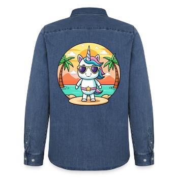 Einhorn Lustige Cartoon Sommer Strand Sonnenbrille - Männer Jeanshemd Organic von Stanley/Stella - verwaschenes Mittelblau  - Hinten - AI Model Male 185 light (185cm)