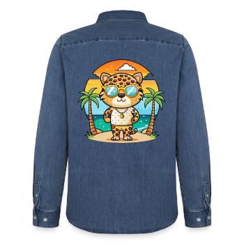 Leopard Lustige Cartoon Sommer Strand Sonnenbrille - Männer Jeanshemd Organic von Stanley/Stella - verwaschenes Mittelblau  - Hinten - AI Model Male 185 light (185cm)