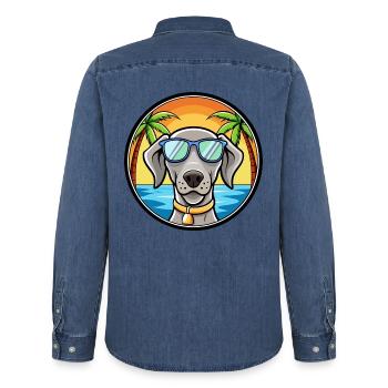 Braque de Weimar Race Chien Dessin Animé Lunettes De Soleil Plage - Chemise en denim homme bio Stanley/Stella - bleu moyen délavé  - Dos - AI Model Male 185 light (185cm)