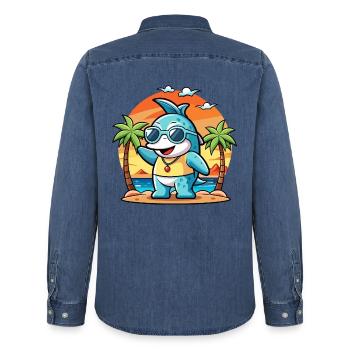 Delphin Lustige Cartoon Sommer Strand Sonnenbrille - Männer Jeanshemd Organic von Stanley/Stella - verwaschenes Mittelblau  - Hinten - AI Model Male 185 light (185cm)