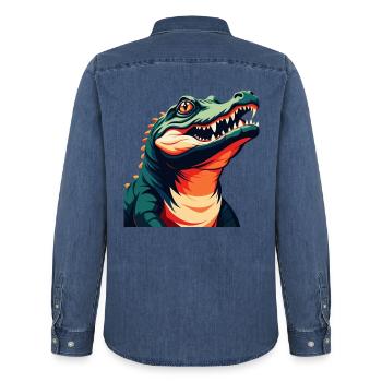 Krokodil Cartoon Figur Buntes Haustier Tier - Männer Jeanshemd Organic von Stanley/Stella - verwaschenes Mittelblau  - Hinten - AI Model Male 185 light (185cm)