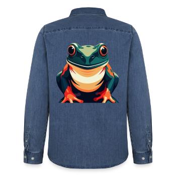 Frog Cartoon Character Colorful Pet Animal - Men’s Organic Denim Shirt by Stanley/Stella - mid washy  - Back - AI Model Male 185 light (185cm)
