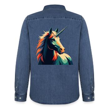 Einhorn Cartoon Figur Buntes Haustier Tier - Männer Jeanshemd Organic von Stanley/Stella - verwaschenes Mittelblau  - Hinten - AI Model Male 185 light (185cm)