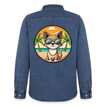 Siamesische Kurzhaarkatze Rasse Cartoon Sonnenbrille Strand - Männer Jeanshemd Organic von Stanley/Stella - verwaschenes Mittelblau  - Hinten - AI Model Male 185 light (185cm)