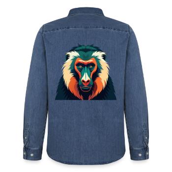 Babouin Personnage De Dessin Animé Animal De Compagnie Coloré - Chemise en denim homme bio Stanley/Stella - bleu moyen délavé  - Dos - AI Model Male 185 light (185cm)
