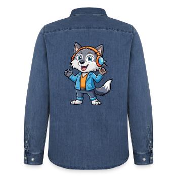 Wolf Lustige Zeichentrickfigur Kopfhörer Musik - Männer Jeanshemd Organic von Stanley/Stella - verwaschenes Mittelblau  - Hinten - AI Model Male 185 light (185cm)