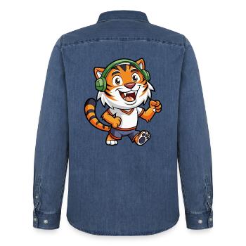 Tiger Lustige Zeichentrickfigur Kopfhörer Musik - Männer Jeanshemd Organic von Stanley/Stella - verwaschenes Mittelblau  - Hinten - AI Model Male 185 light (185cm)