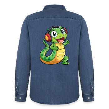 Serpent Drôle Dessin Animé Personnage Casque Musique - Chemise en denim homme bio Stanley/Stella - bleu moyen délavé  - Dos - AI Model Male 185 light (185cm)