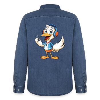 Pelican Funny Cartoon Character Musique de casque - Chemise en denim homme bio Stanley/Stella - bleu moyen délavé  - Dos - AI Model Male 185 light (185cm)