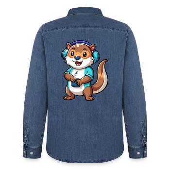 Loutre Funny Cartoon Character Musique de casque - Chemise en denim homme bio Stanley/Stella - bleu moyen délavé  - Dos - AI Model Male 185 light (185cm)