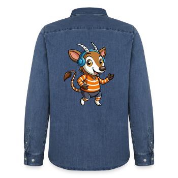 Okapi Funny Cartoon Character Musique de casque - Chemise en denim homme bio Stanley/Stella - bleu moyen délavé  - Dos - AI Model Male 185 light (185cm)