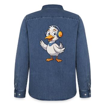Goose Funny Cartoon Character Casque Musique - Chemise en denim homme bio Stanley/Stella - bleu moyen délavé  - Dos - AI Model Male 185 light (185cm)