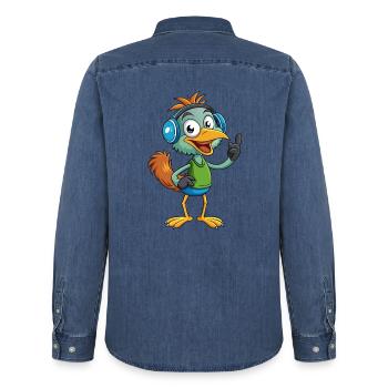 Emu Funny Cartoon Character Headphone Music - Men’s Organic Denim Shirt by Stanley/Stella - mid washy  - Back - AI Model Male 185 light (185cm)